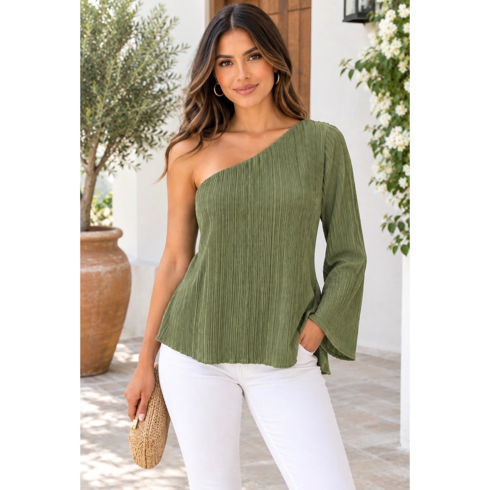 MISA Los Angeles Nari One Shoulder Plissé Pleated Blouse Olive Green XS NEW
